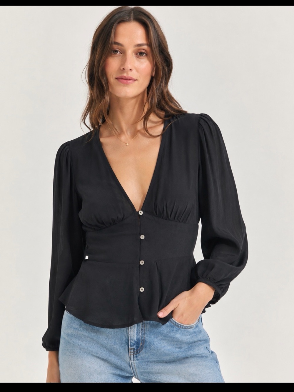 Whimsy + Row Black Puff Sleeve Blouse Large Button Front Corset Waist Boho